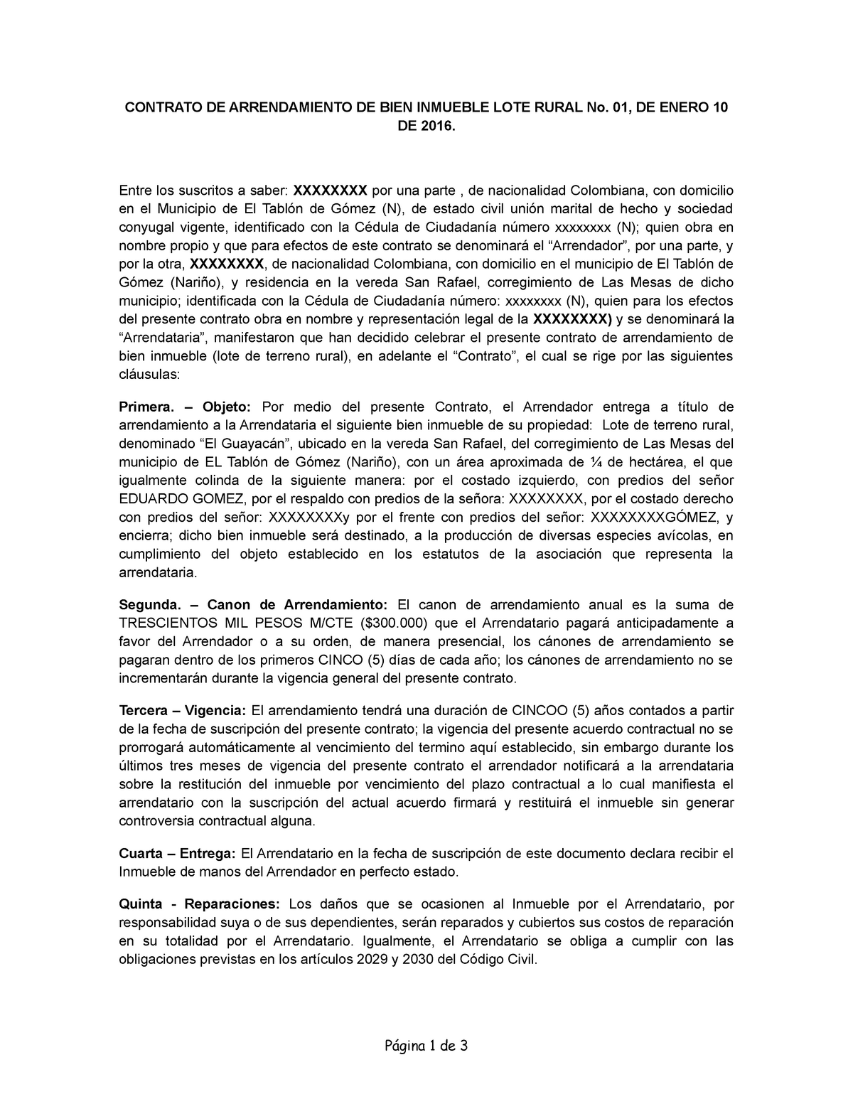 Contrato De Arrendamiento Lote Rural Contrato De Arrendamiento De Bien Inmueble Lote Rural No 3484