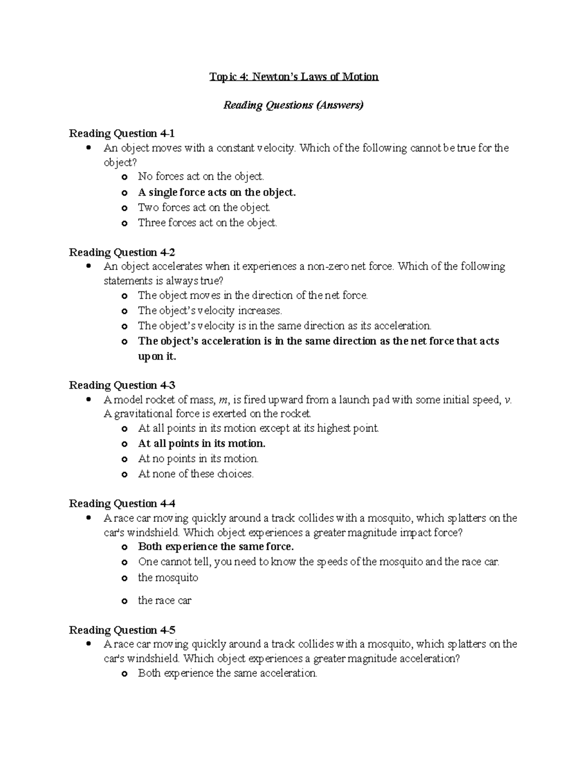 Introduction to Physics I, Newton's Law of Motion [ Questions and