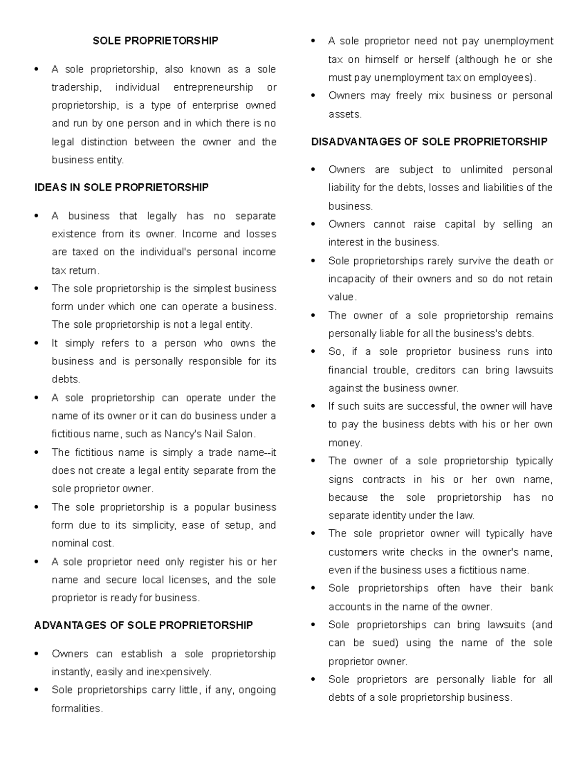 Business Law & Regulations SOLE PROPRIETORSHIP A sole proprietorship