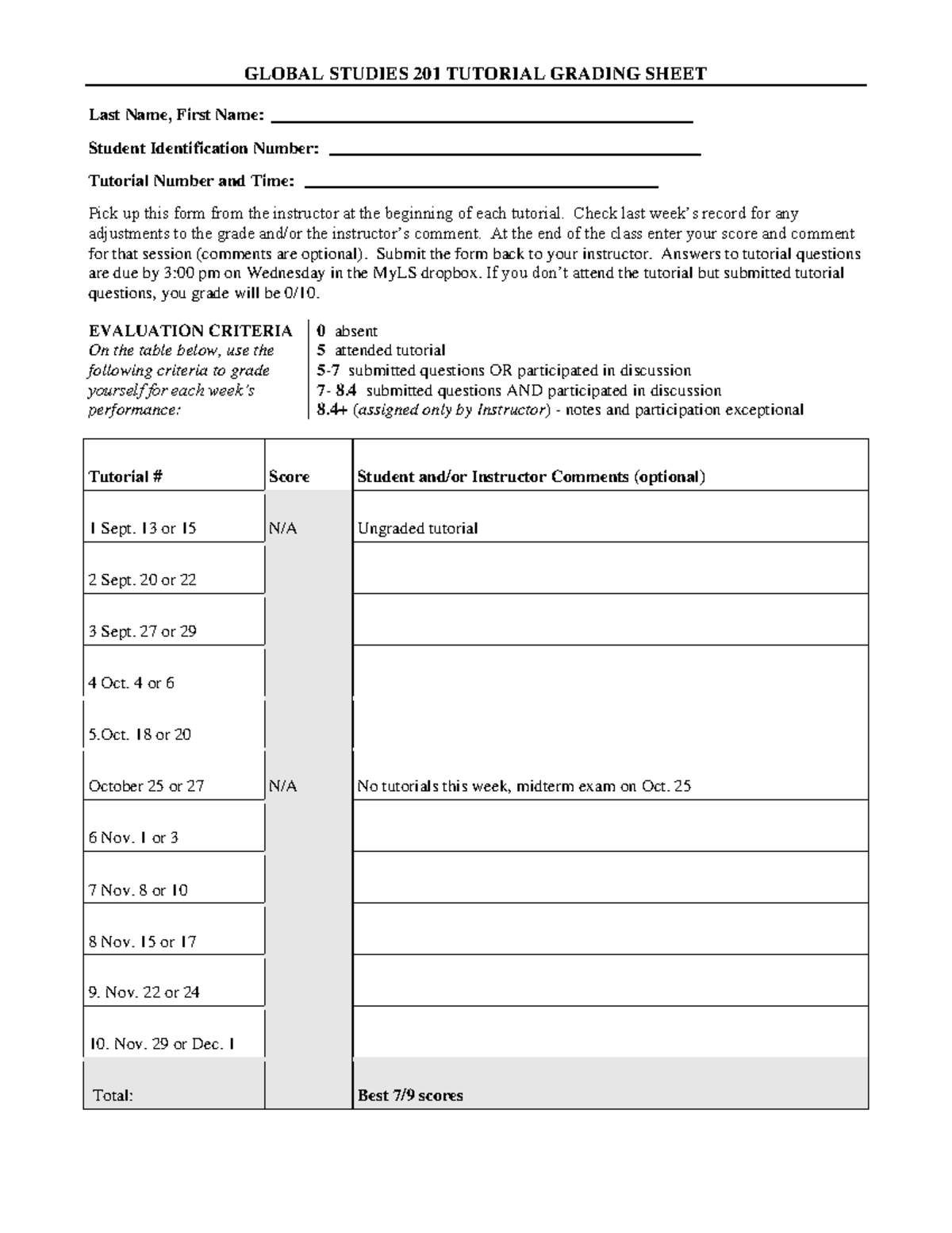 Tutorial grading sheet - GLOBAL STUDIES 201 TUTORIAL GRADING SHEET Last ...