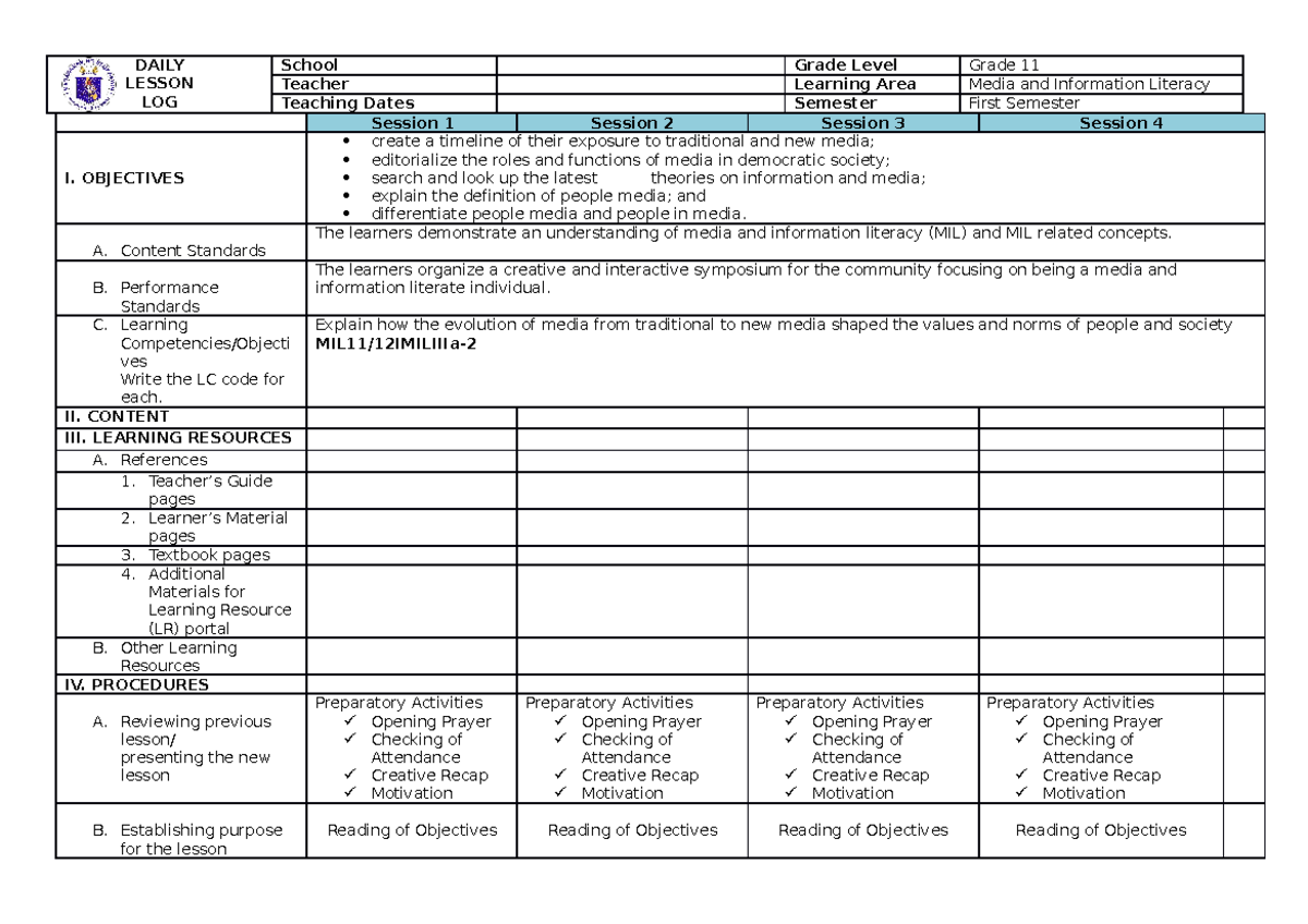 Lesson Plan in Media and Information Literacy - DAILY LESSON LOG School ...