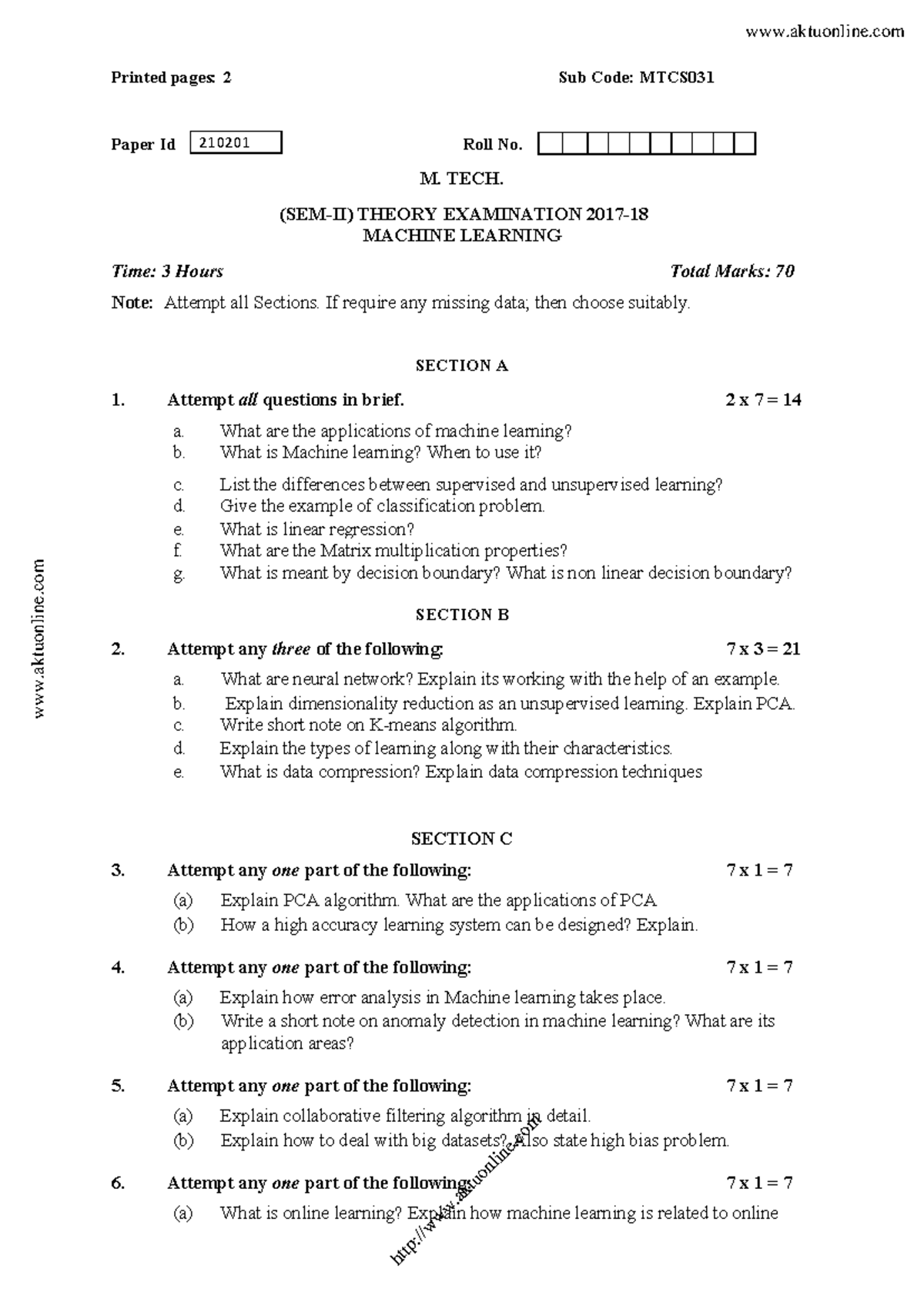 Mtech 2 sem machine learning mtcs031 2018 - Printed pages: 2 Sub Code ...