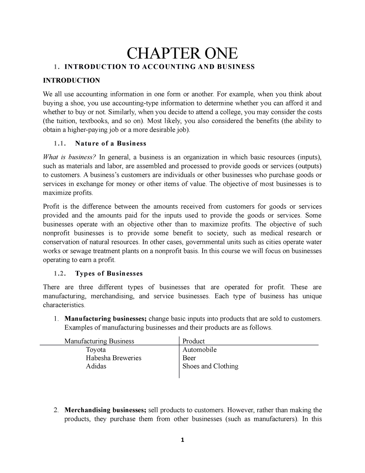 Accounting Chapter One - CHAPTER ONE 1. INTRODUCTION TO ACCOUNTING AND ...
