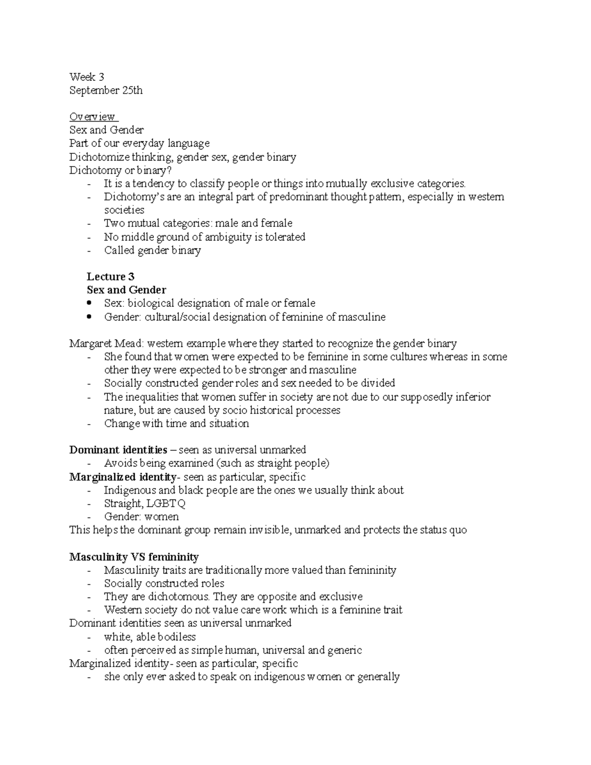 Lecture 3 - Professor Corrie Scott - Week 3 September 25th Overview Sex ...