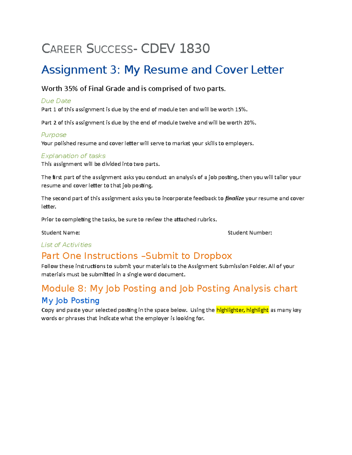 CDEV1830 Career Success Assignment 3 My Resume and Cover Letter ...