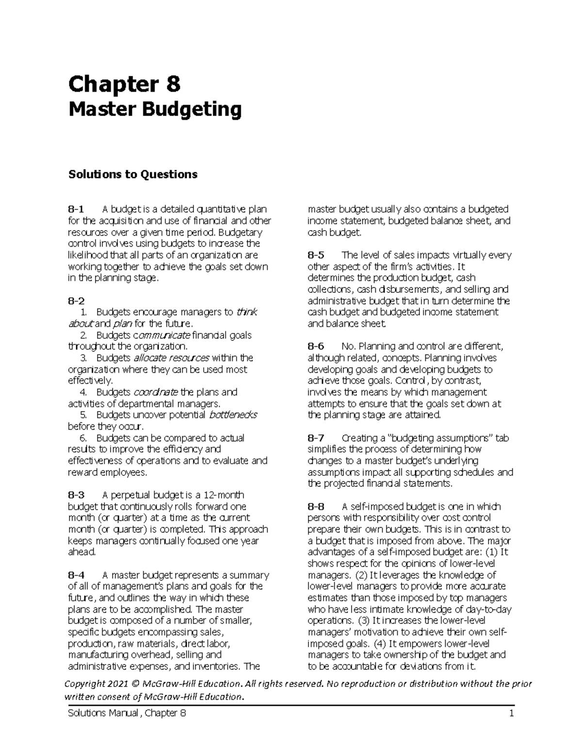 Chapter-8 Master Budgeting - Copyright 2021 © McGraw-Hill Education ...