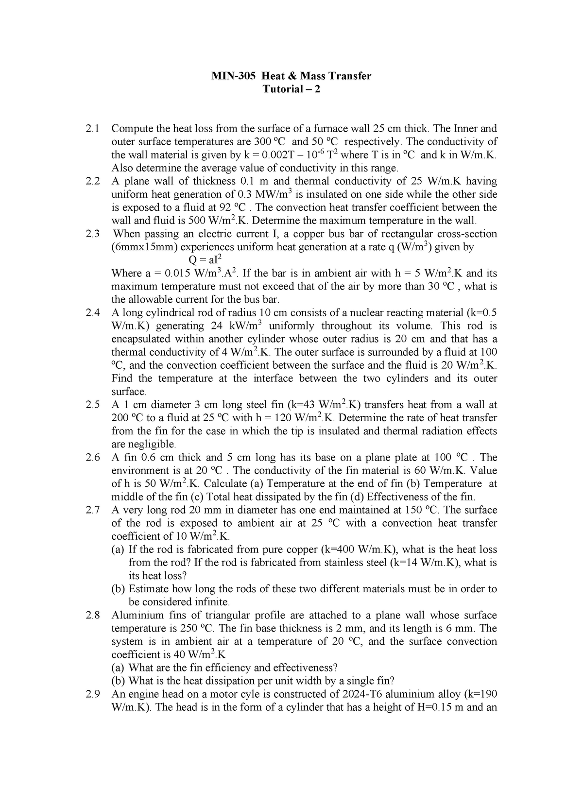 Heat And Mass Transfer Tut 2 - MIN-305 Heat & Mass Transfer Tutorial ...