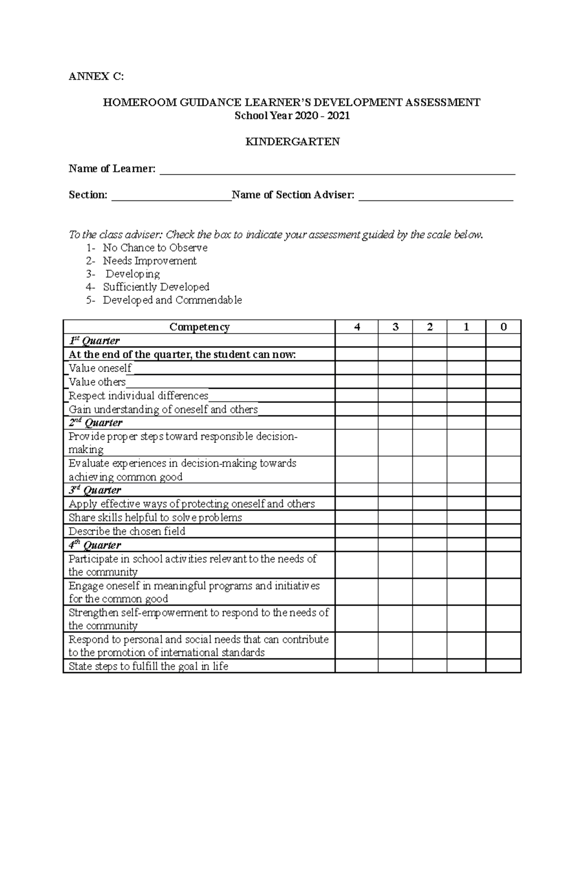 HG Learner's Development Assessment - ANNEX C: HOMEROOM GUIDANCE ...