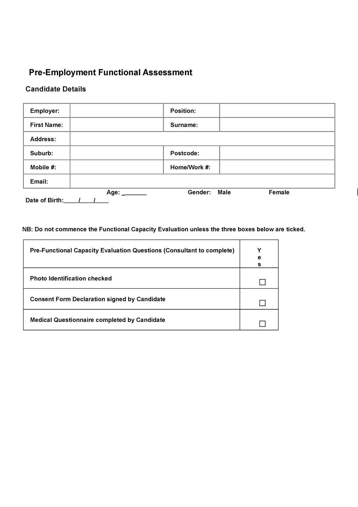 Functional Capacity Evaluation Template Pre Employment Functional Assessment Candidate Details 5134