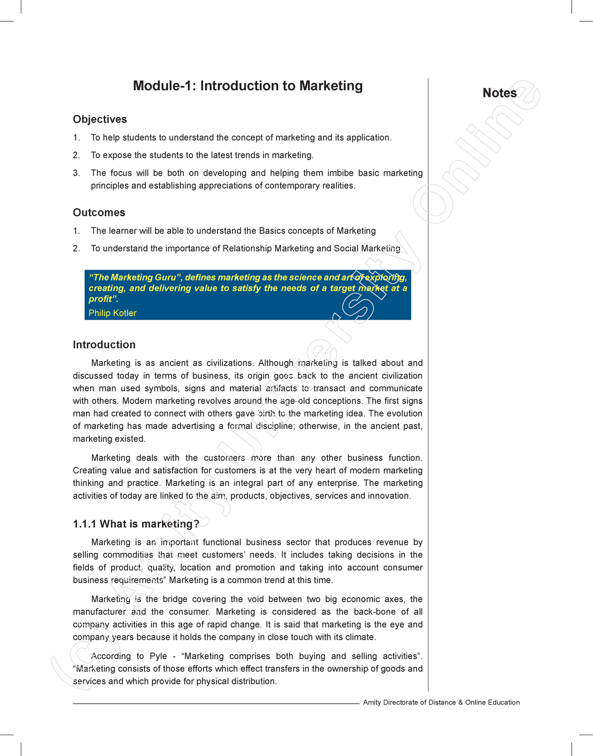 Principle Of Marketing - Notes Module-1: Introduction To Marketing ...