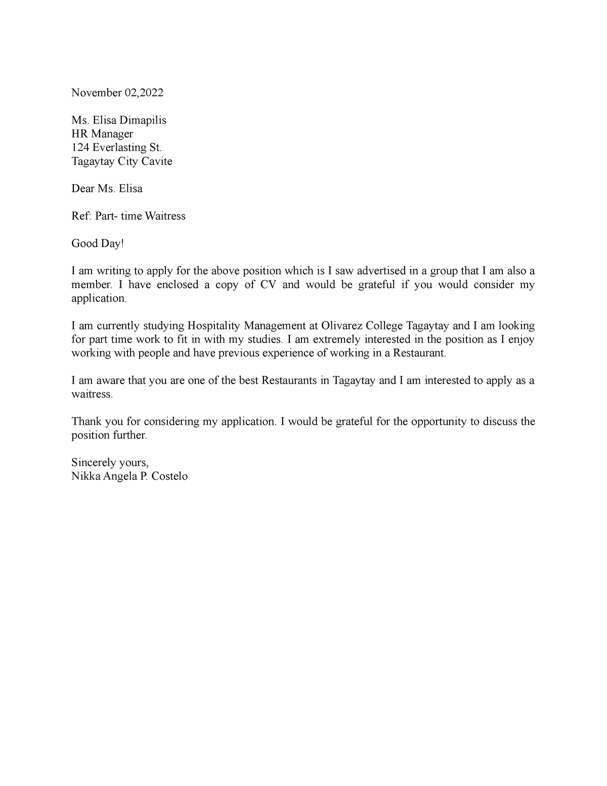 Application Letter copy - November 02, Ms. Elisa Dimapilis HR Manager ...