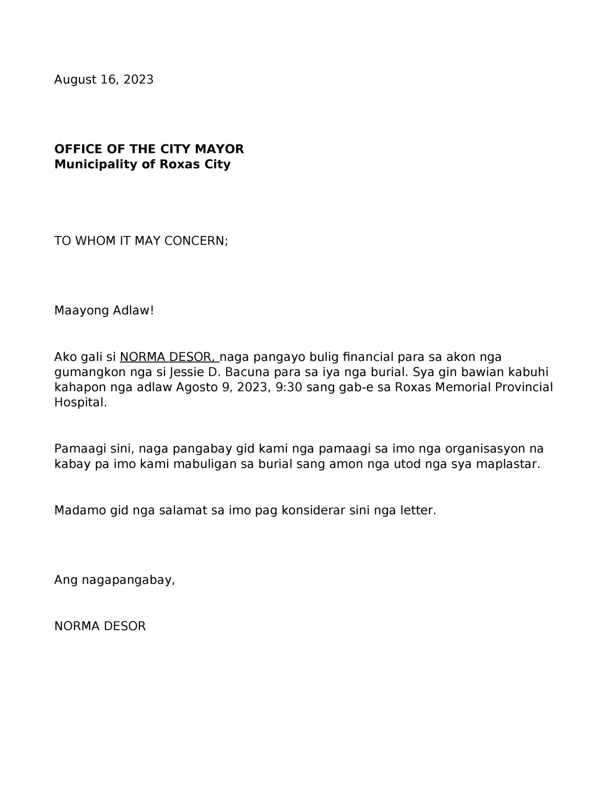 Letter of financial - useful - August 16, 2023 OFFICE OF THE CITY MAYOR ...