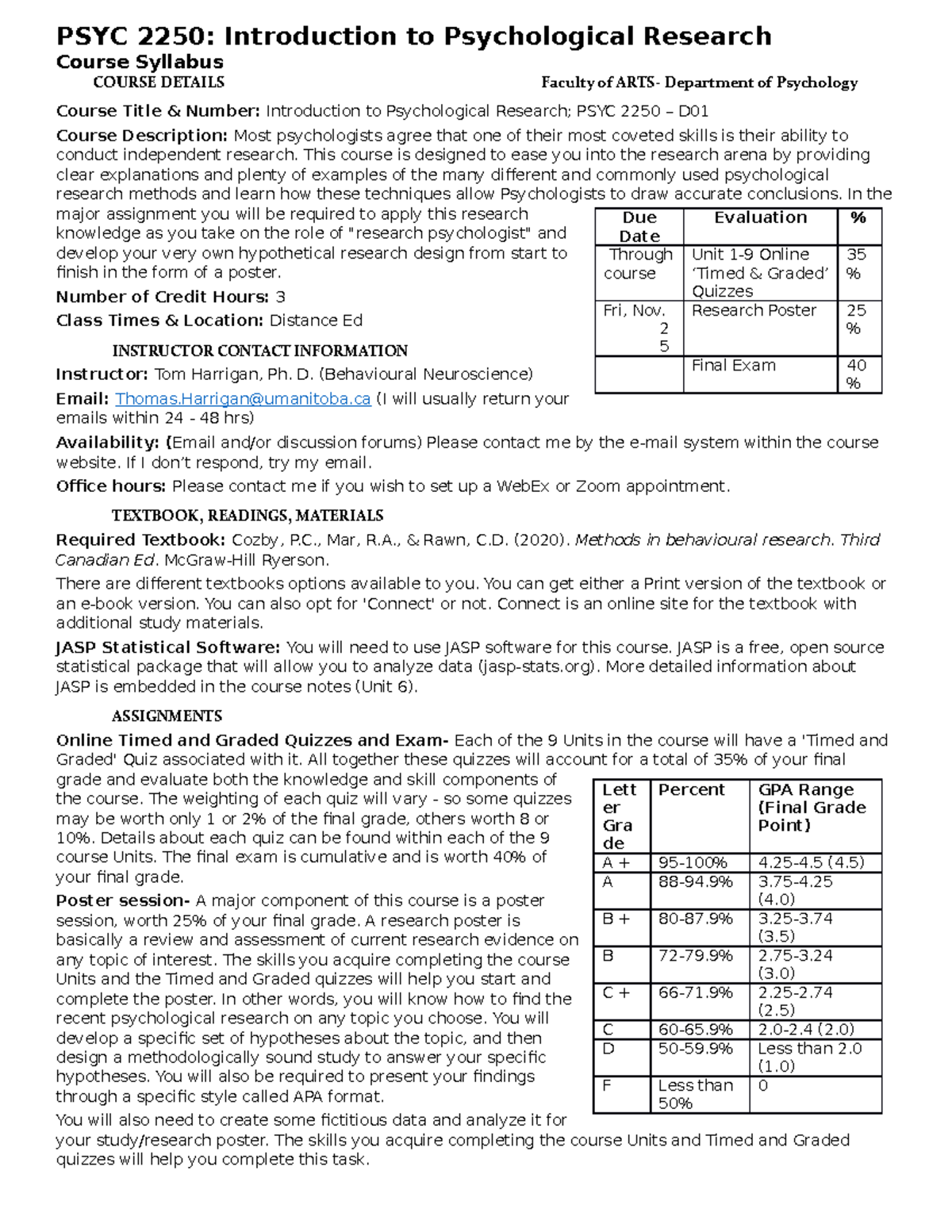 PSYC 2250 Syllabus - PSYC 2250: Introduction to Psychological Research ...
