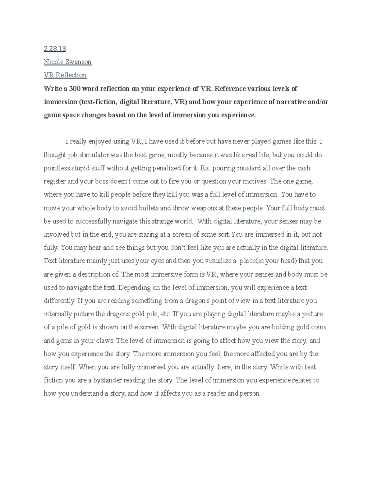 VR ENG 255 VR Reflection - 2. Nicole Swanson VR Reflection Write a 300 ...