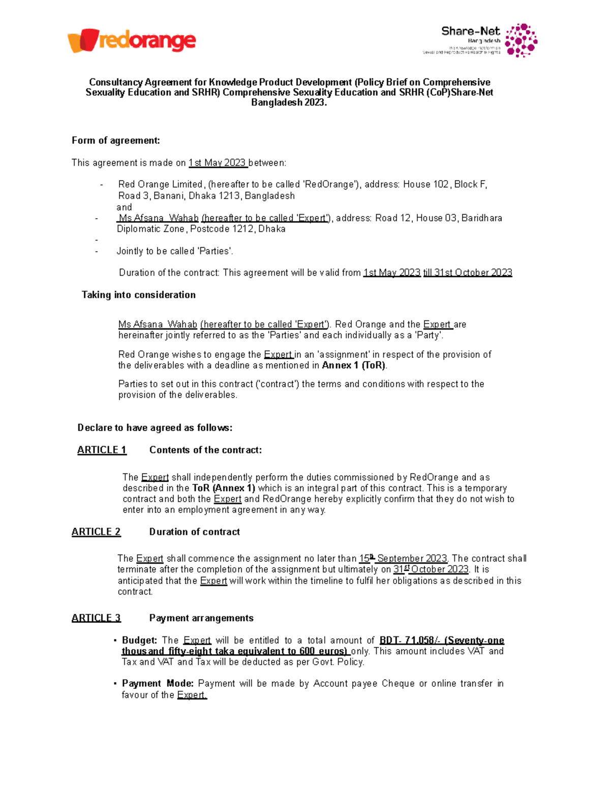 1 May Contract Knowledge Product Development CSE & SRHR Afsana Wahab ...