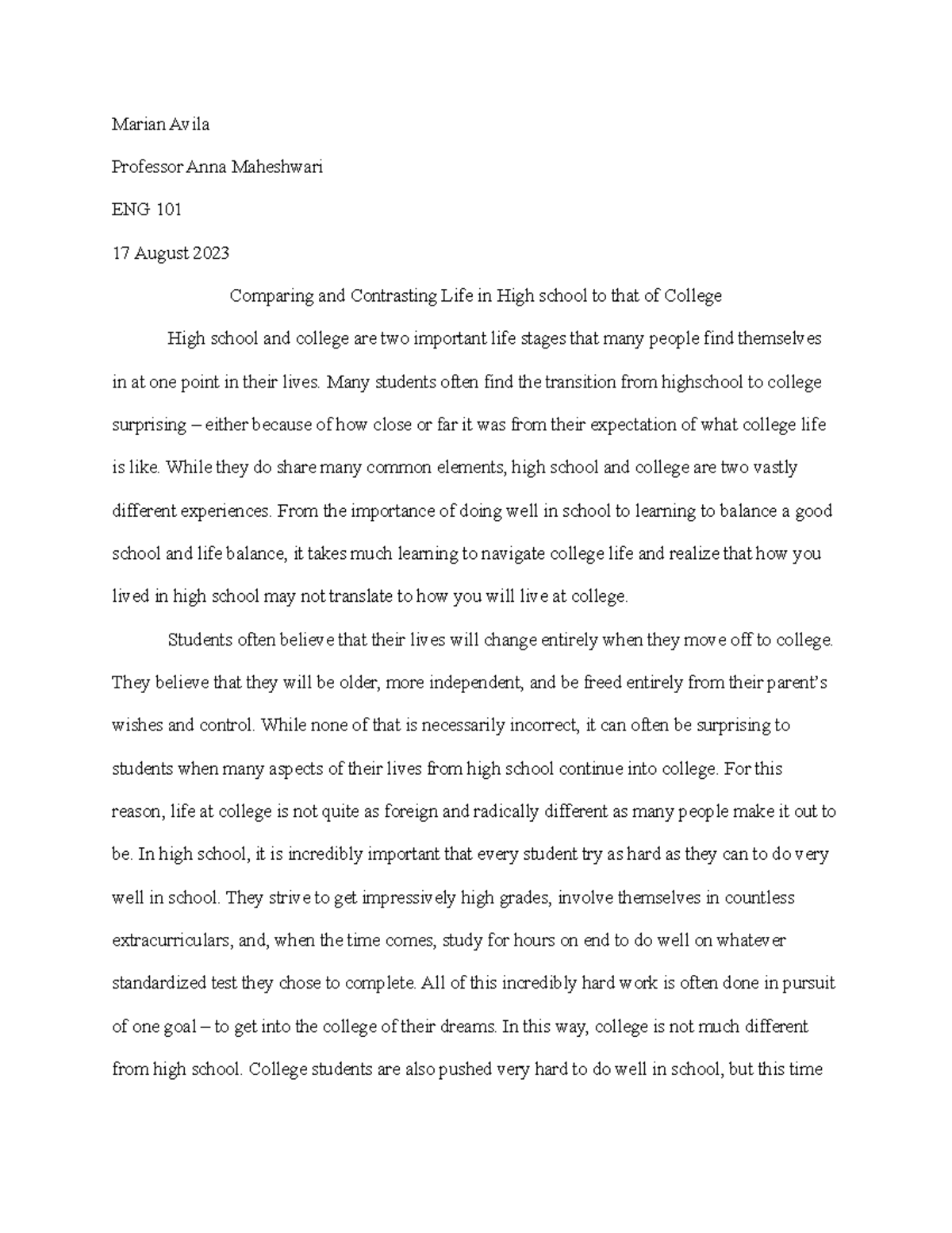 comparison and contrast essay about senior high school vs. college