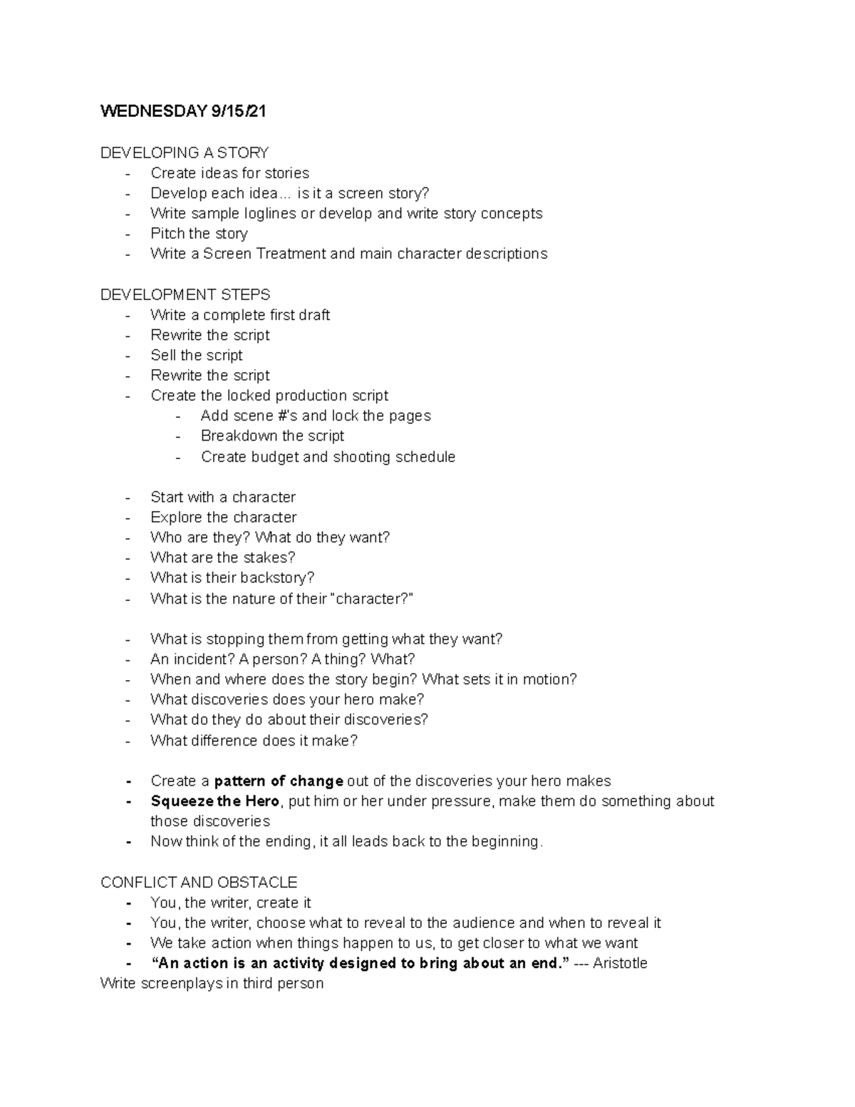 Developing a story - WEDNESDAY 9/15/ DEVELOPING A STORY Create ideas ...