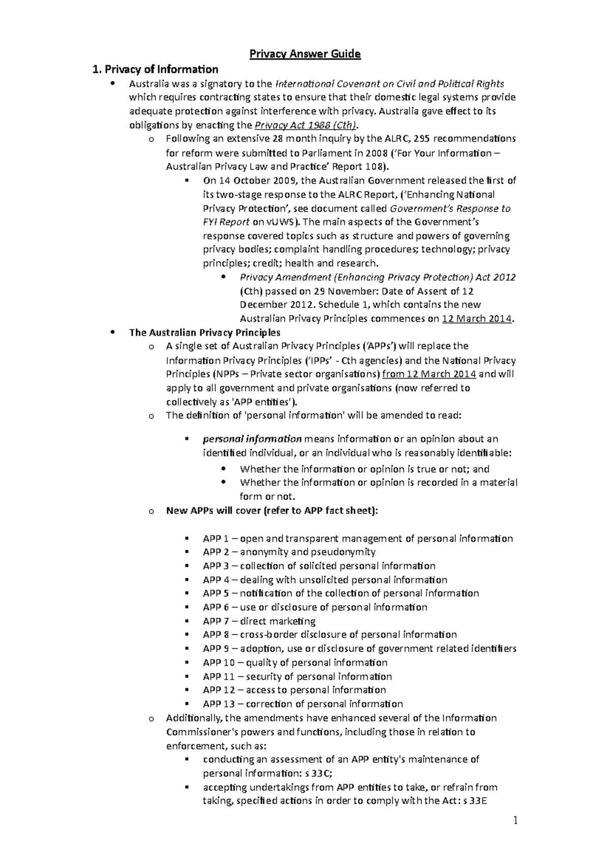 Privacy Answer Guide - Summary Media Law - Privacy Answer Guide 1 ...