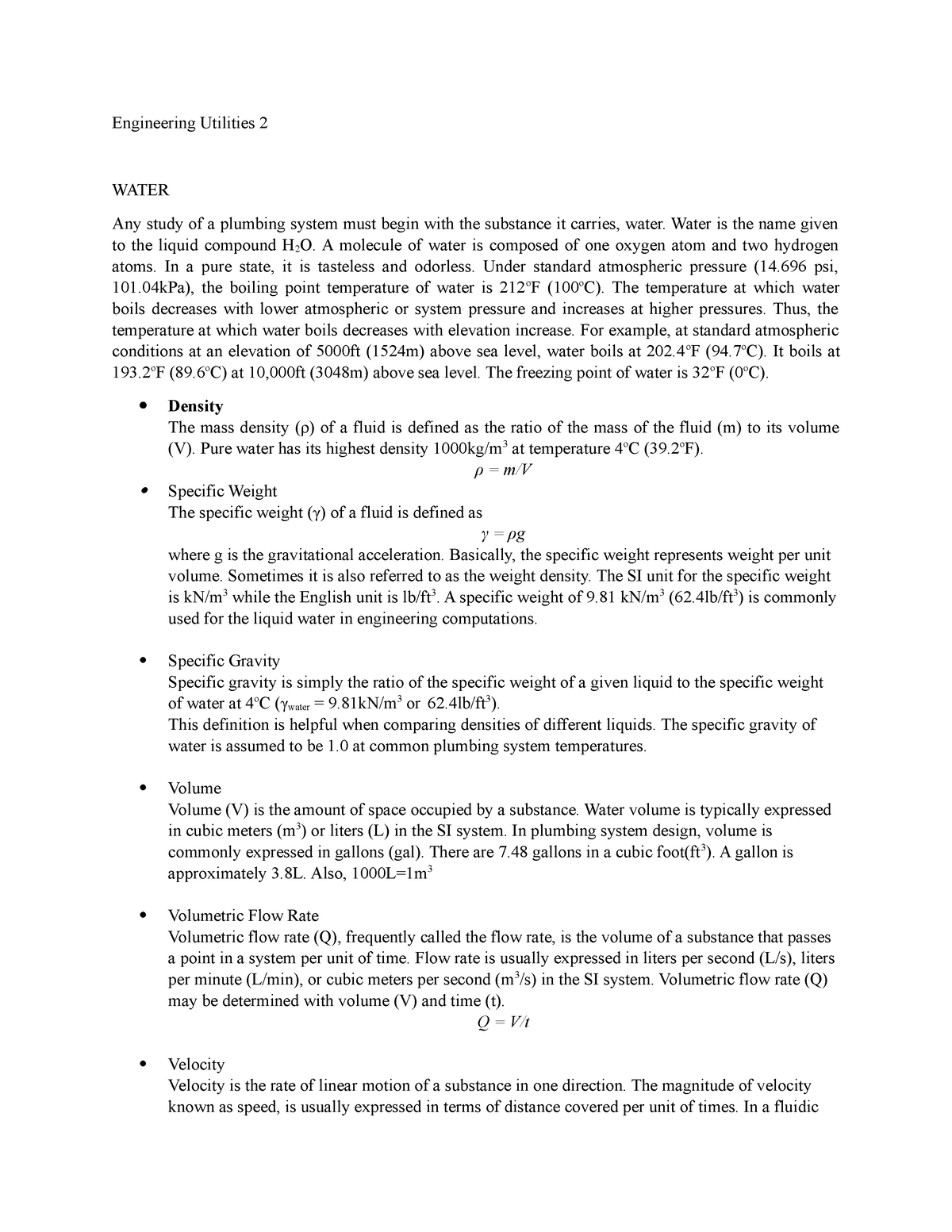 ENG U2 - 1 - Plumbing - Engineering Utilities 2 WATER Any study of a ...