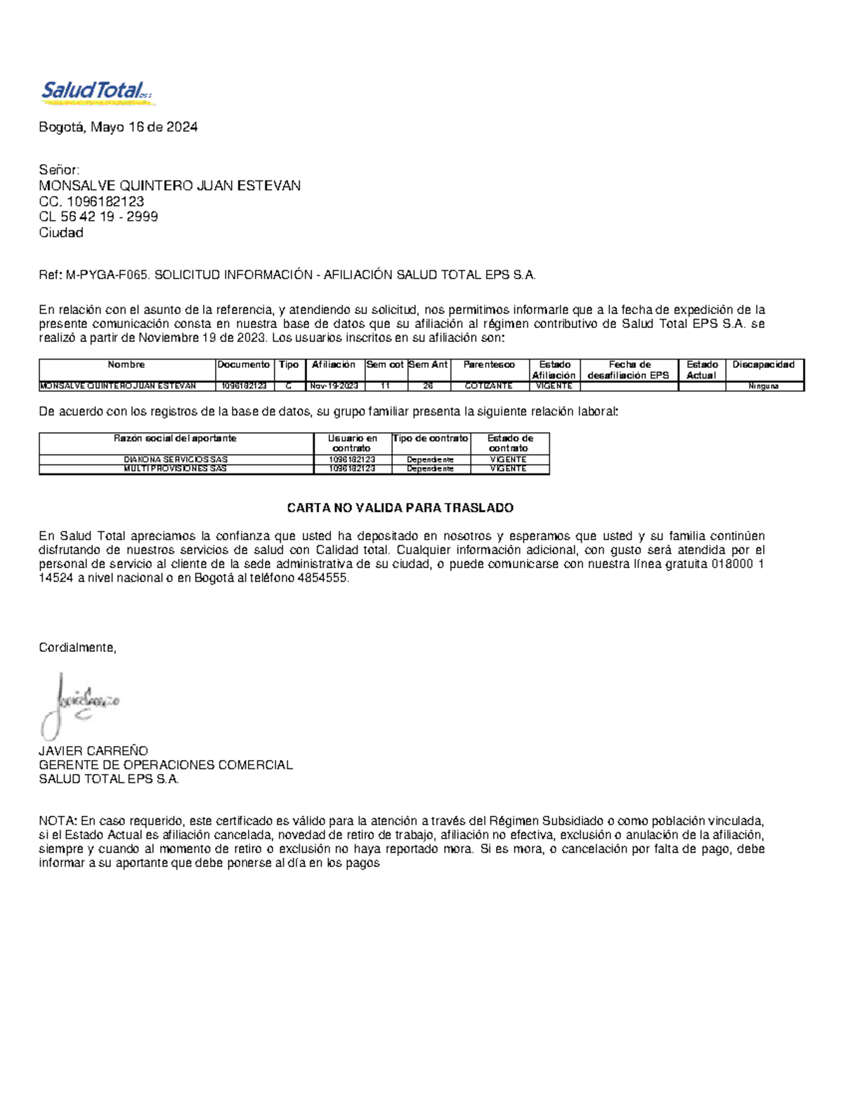 Certificado (11) Bogotá, Mayo 16 de 2024 Señor MONSALVE QUINTERO