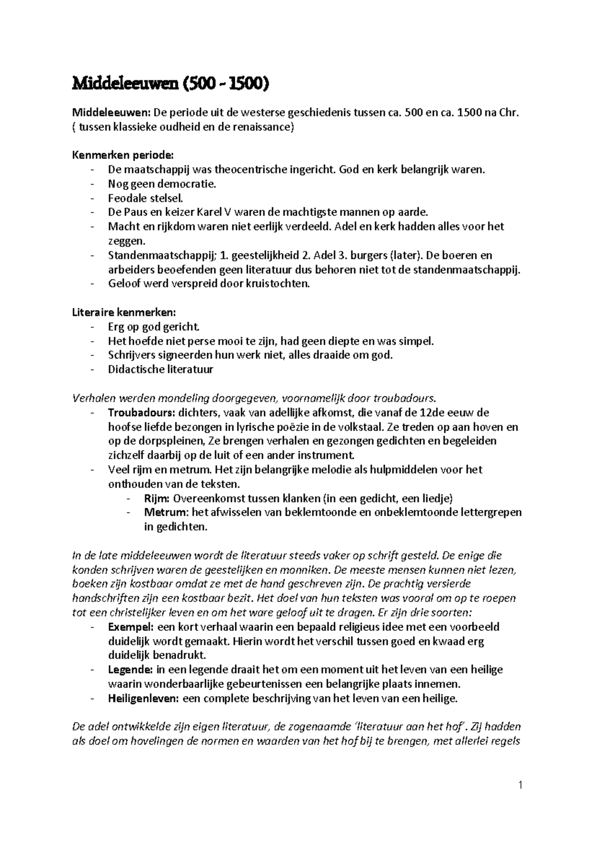 Literatuurgeschiedenis 5 vwo  Middeleeuwen (500  1500) Middeleeuwen