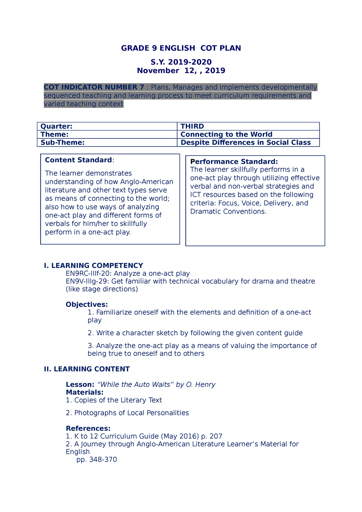 Sample Lesson Plan For English Grade 9 Studocu