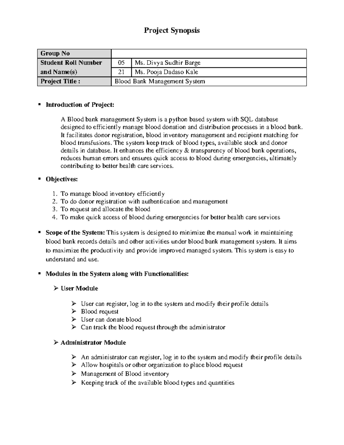 Project Synopsis updated - Project Synopsis Group No Student Roll ...