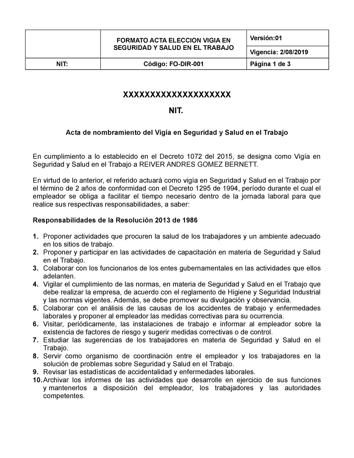 Formato Acta De Nombramiento Del Vigia En Seguridad Y Salud En El