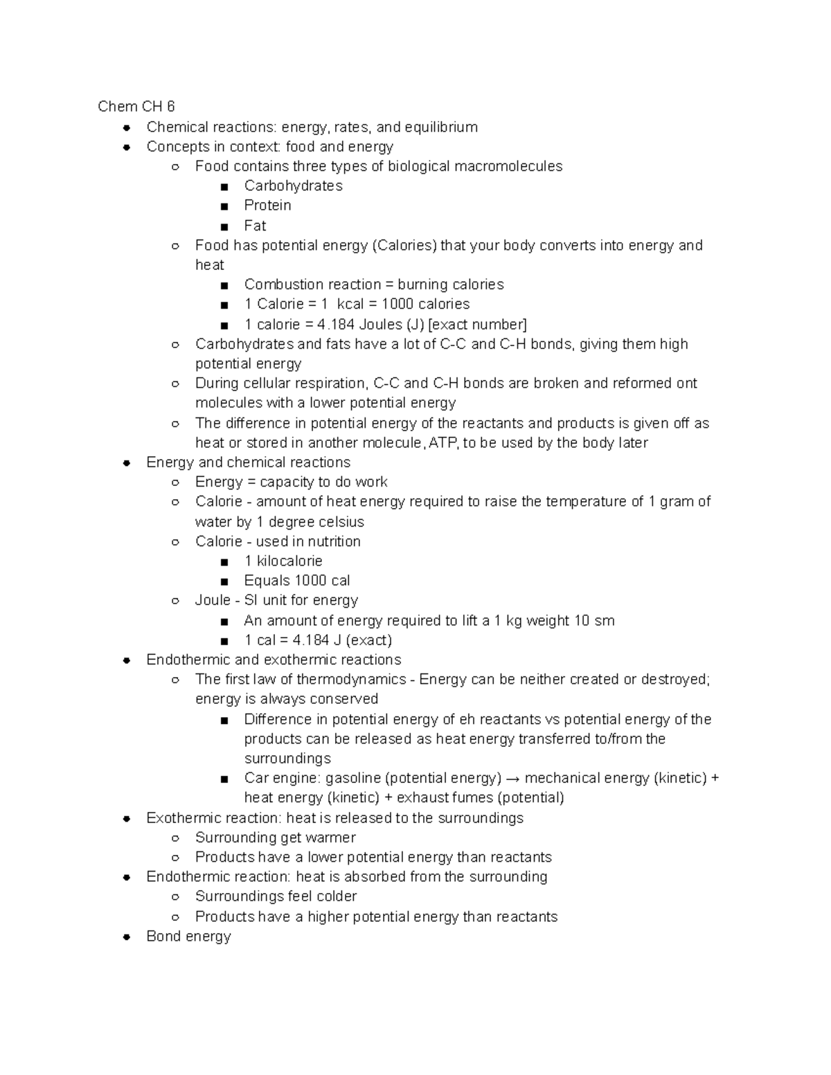 Chem CH 6 - Lecture notes 6 - Chem CH 6 Chemical reactions: energy ...