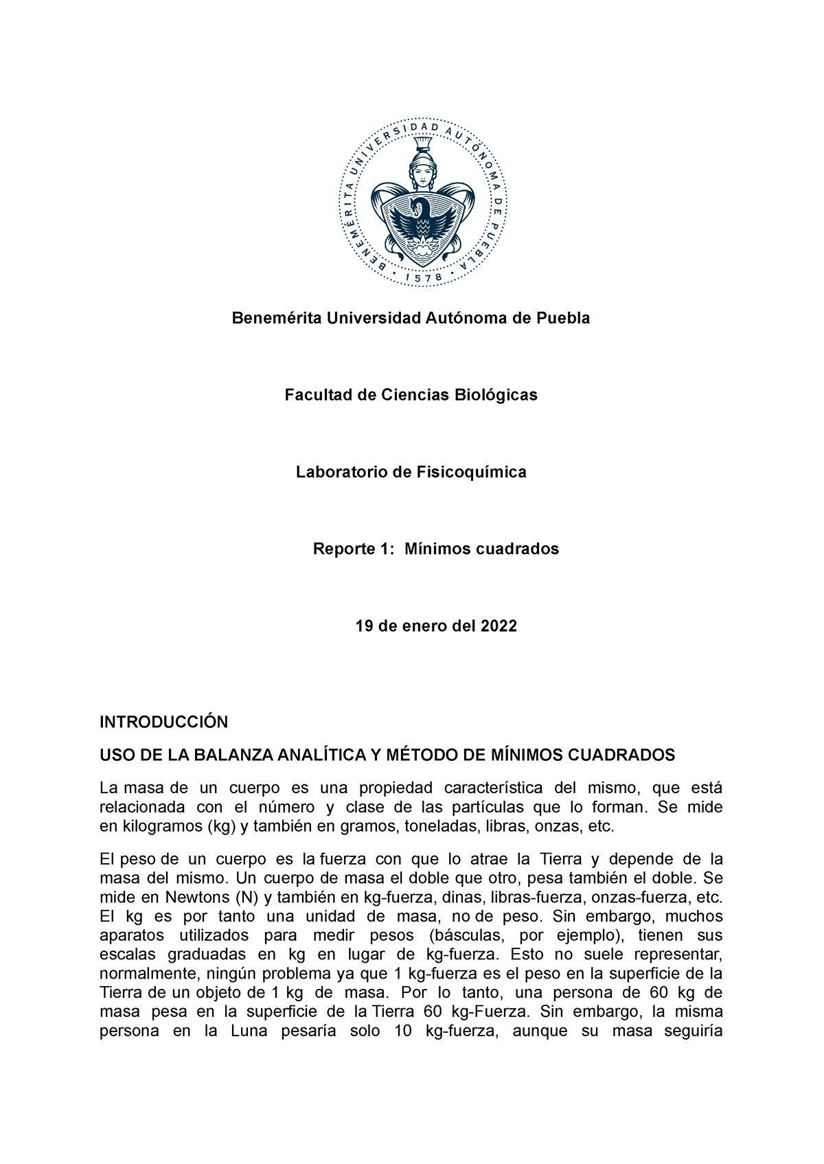 Reporte De Laboratorio De Fisicoquímica Benemérita Universidad Autónoma De Puebla Facultad De 0412