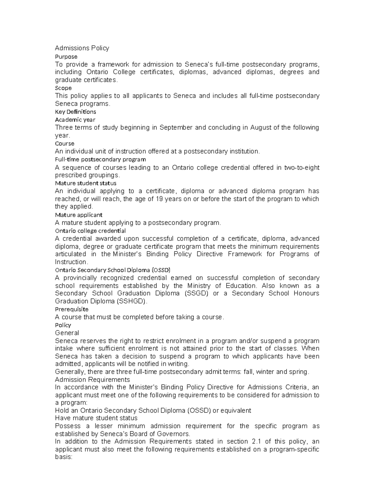 Admissions Policy - starter file - Admissions Policy Purpose To provide ...