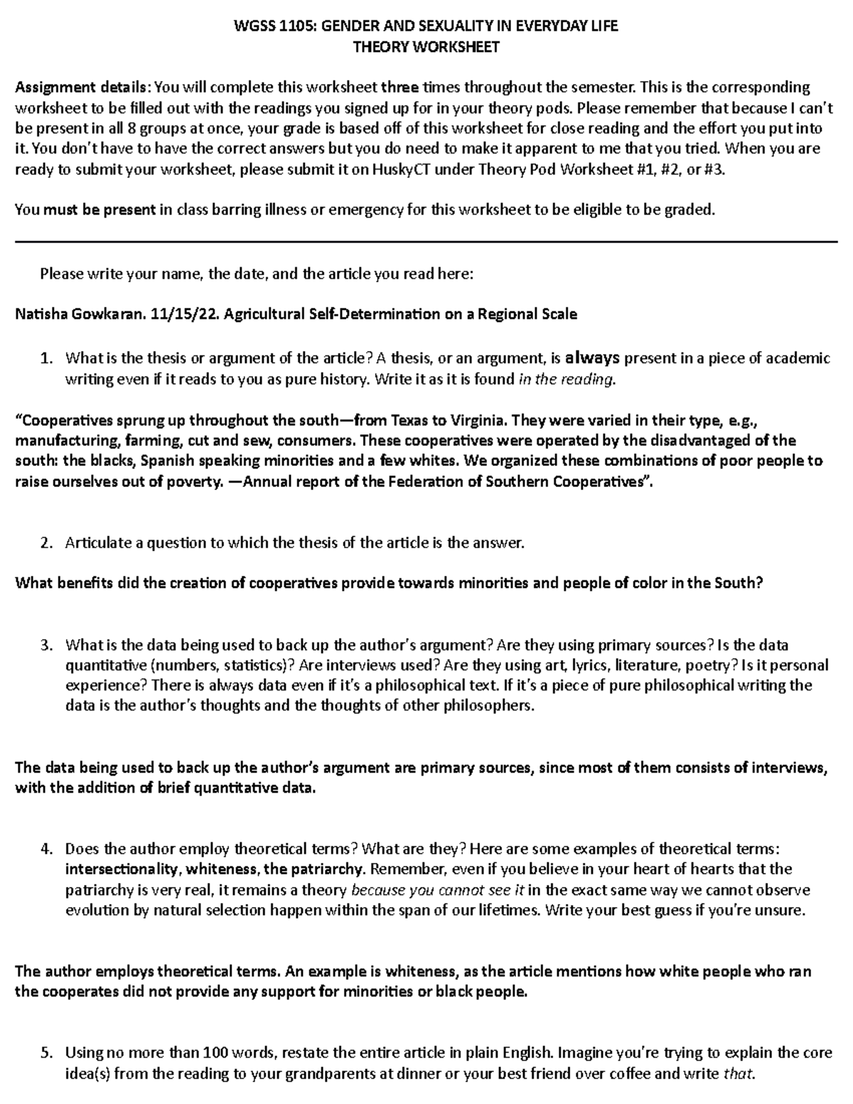 WGSS 1105 Theory Worksheet-NAG - WGSS 1105: GENDER AND SEXUALITY IN ...