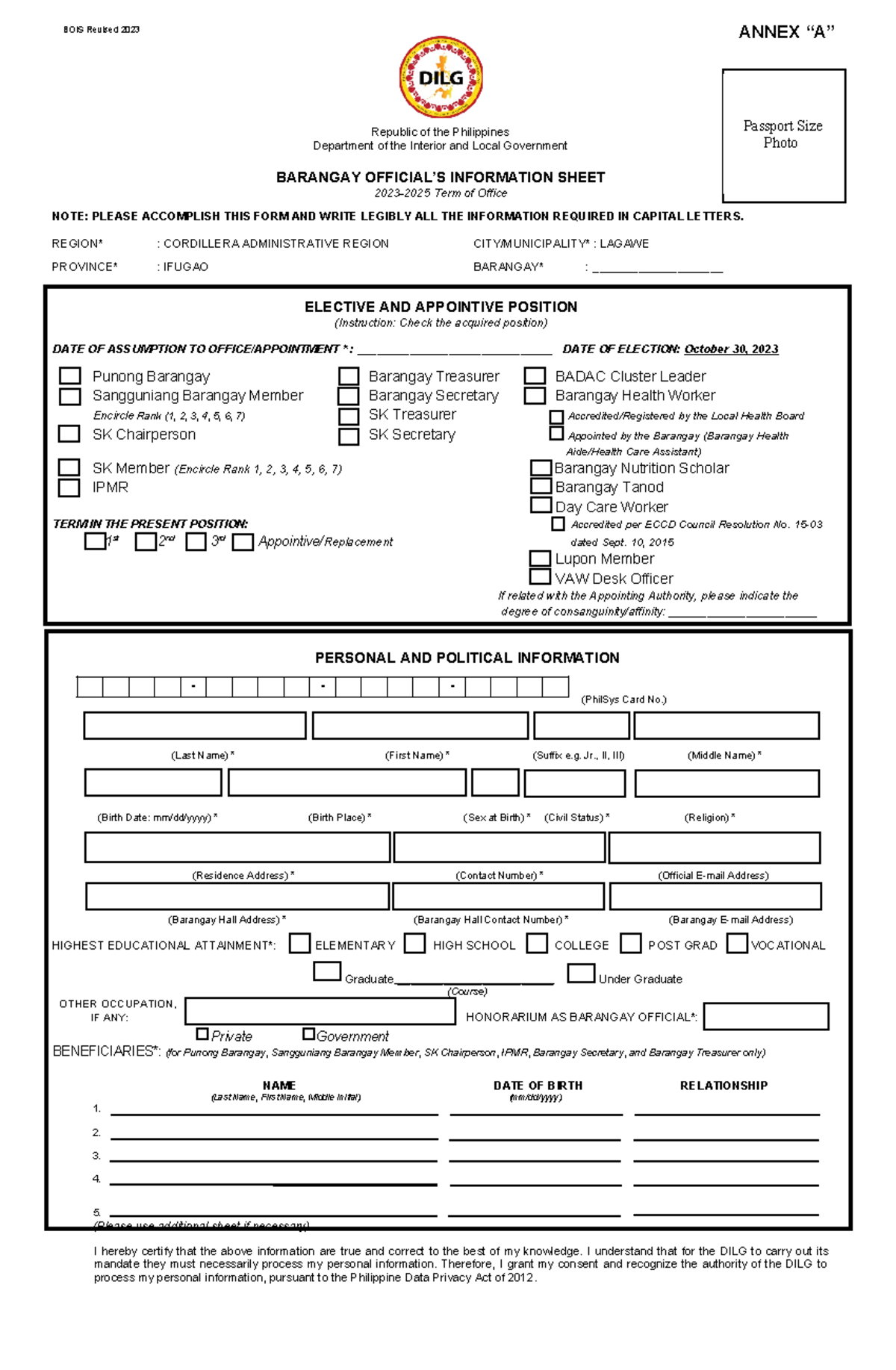 BOIS 2023 - Biodata - Republic of the Philippines Department of the ...