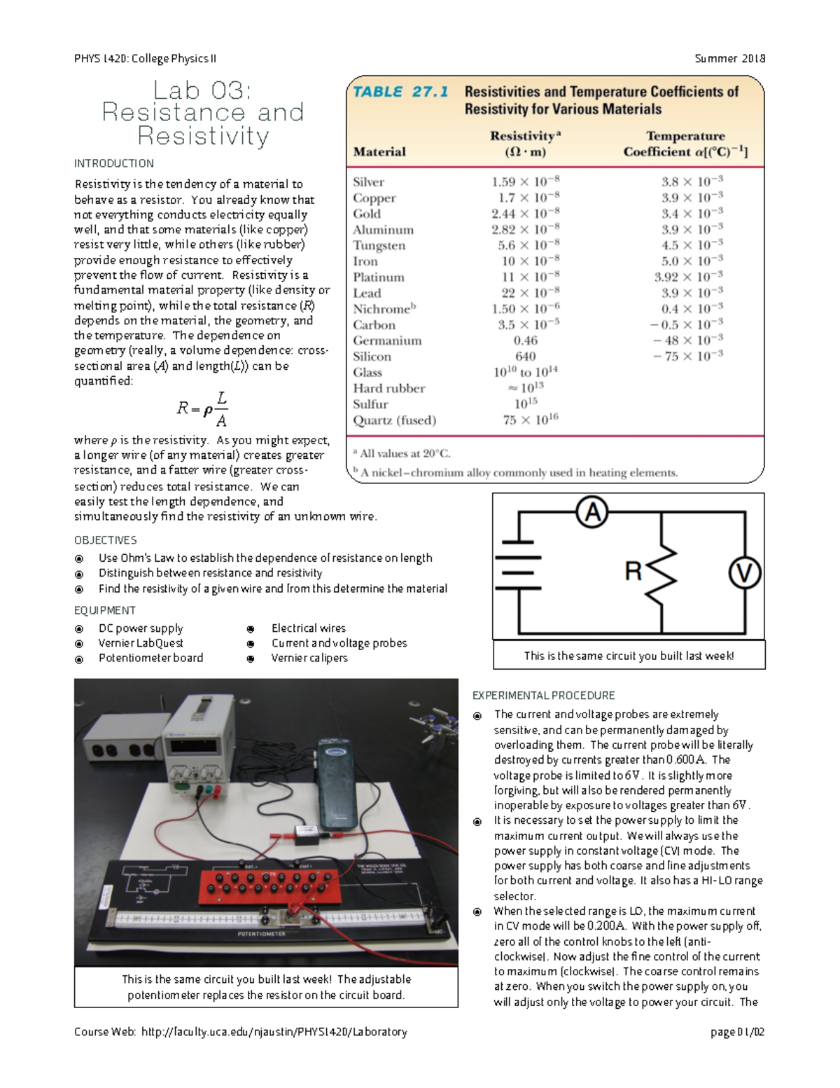 Resistivity - Mechanics - L a b 0 3 : R e s i s t a n c e a n d R e s i ...
