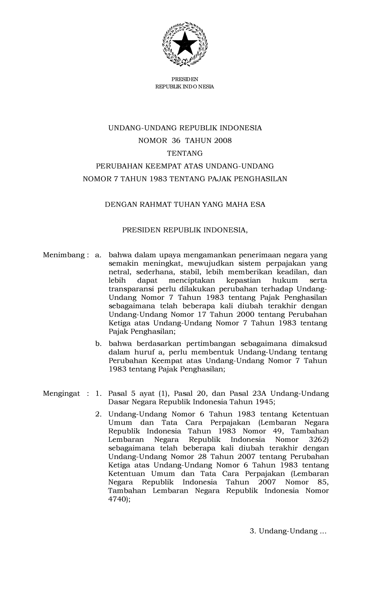 UU No. 36 Thn 2008 - Peraturan Perpajakan - REPUBLIK INDO NESIA UNDANG ...