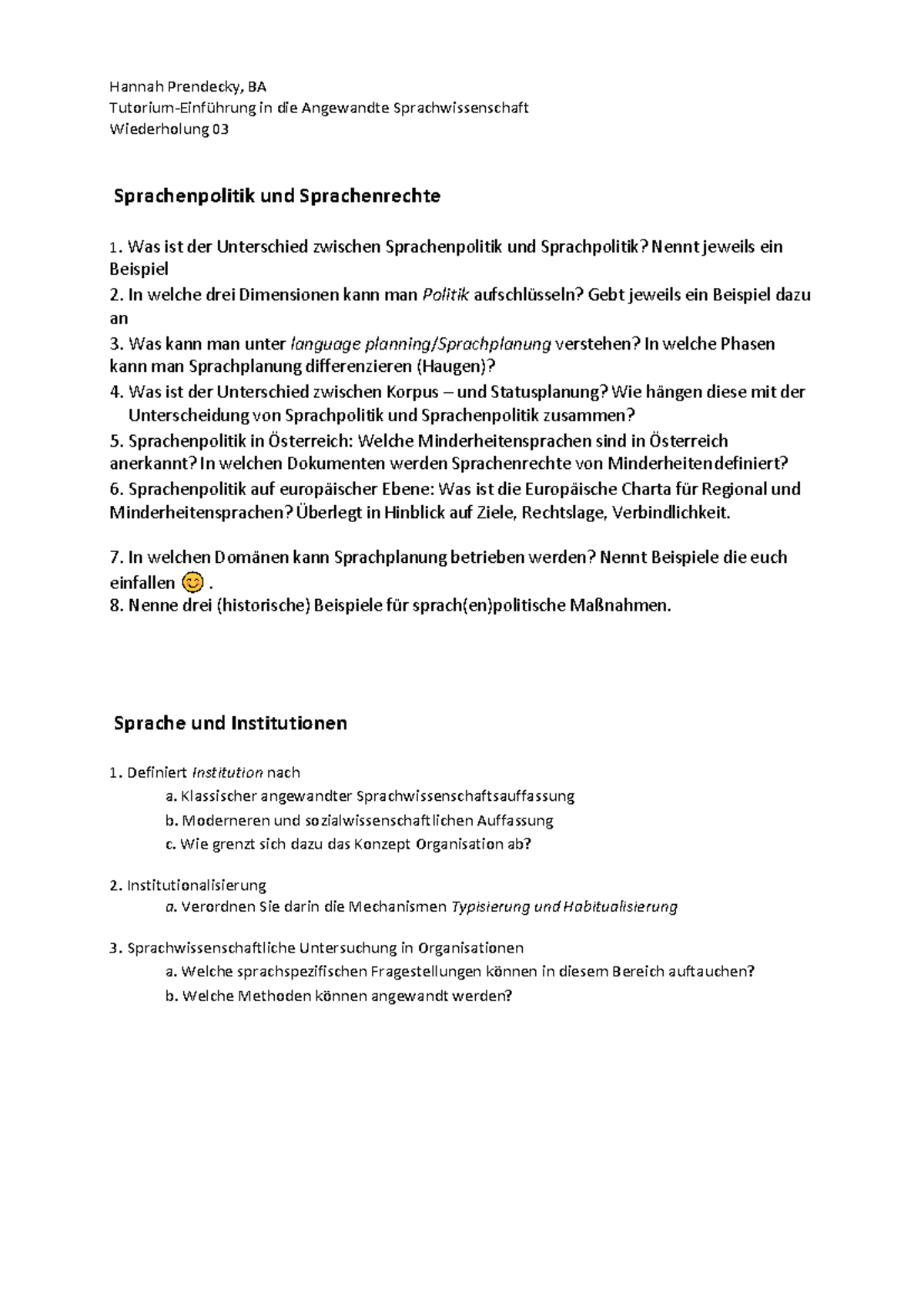 Fragenkatalog -2021 - Hannah Prendecky, BA Tutorium-Einf ̧hrung In Die ...