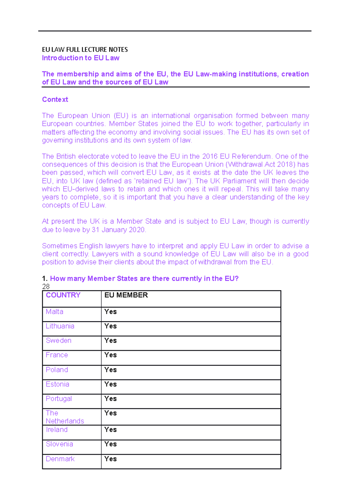EU LAW FULL Lecture Notes - EU LAW FULL LECTURE NOTES Introduction to ...