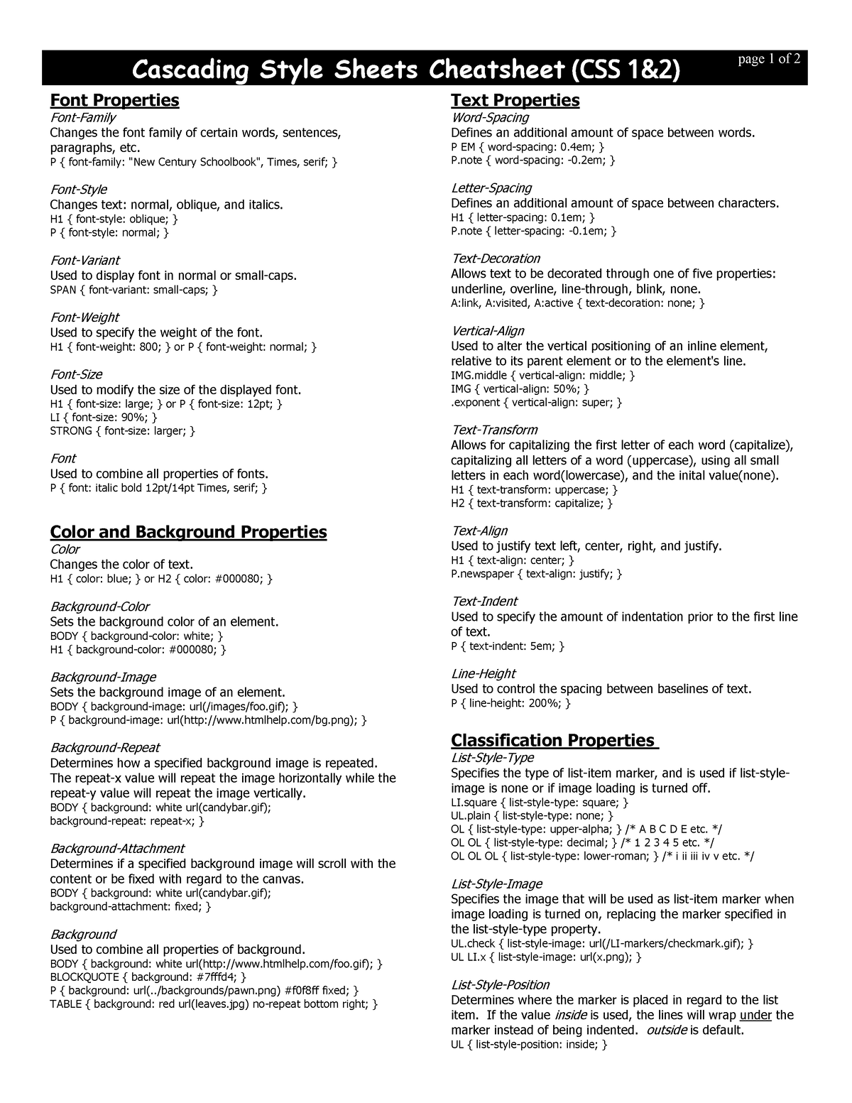 Csscheatsheet - Cascading Style Sheets Cheatsheet & 6 6 Page 1 Of 2 ...