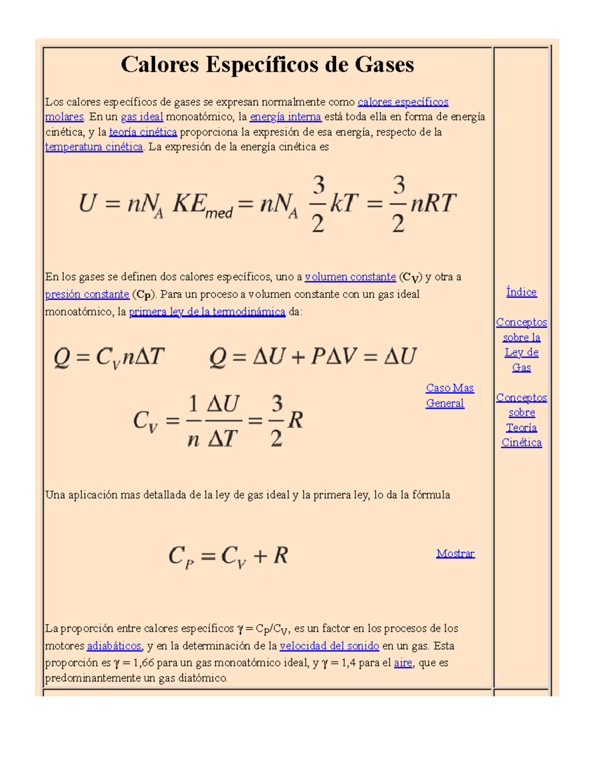 Specific Heats of Gases - Calores Específicos de Gases Los calores ...