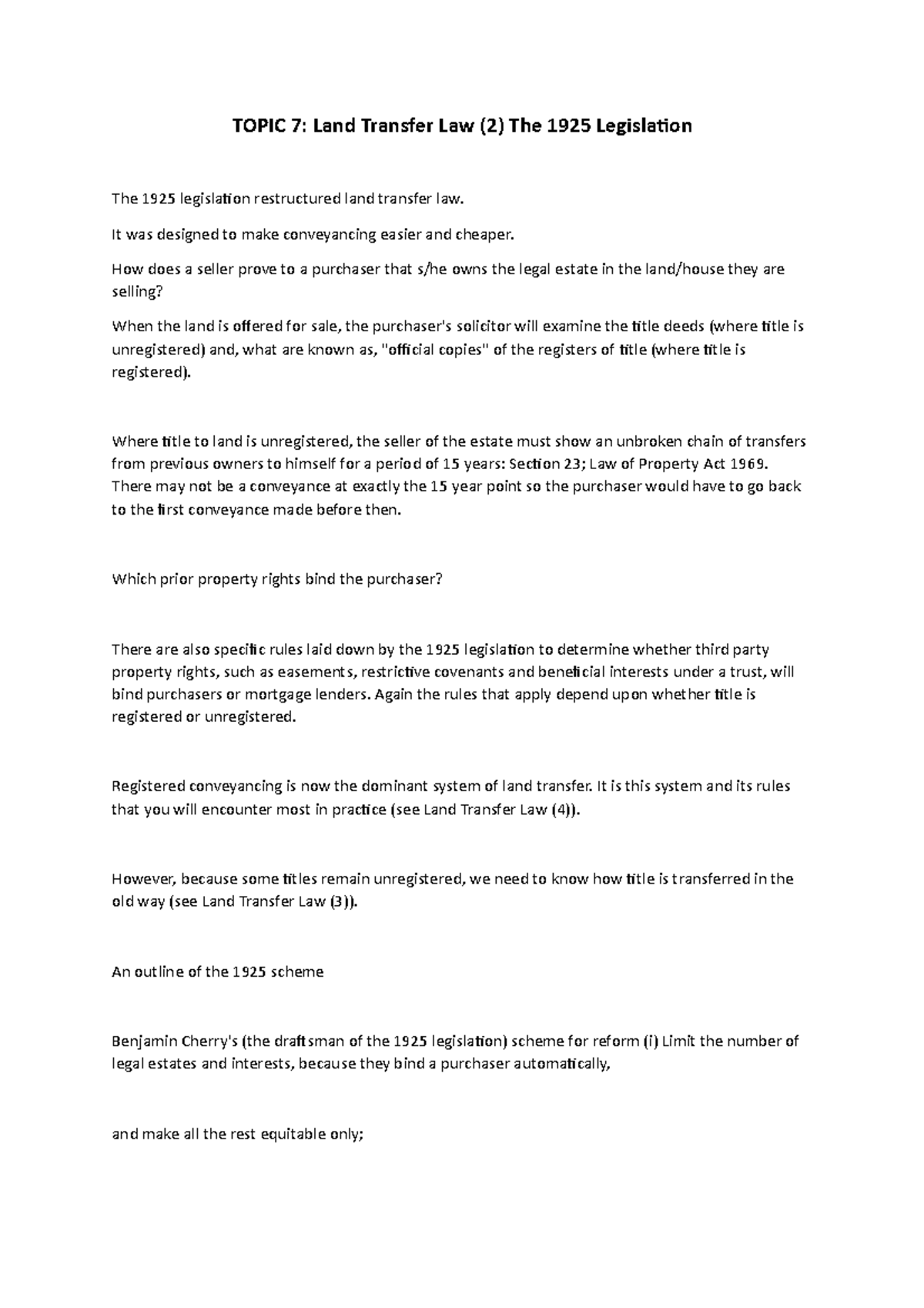 Land Transfer Law (2) The 1925 Legislation TOPIC 7 Land Transfer Law