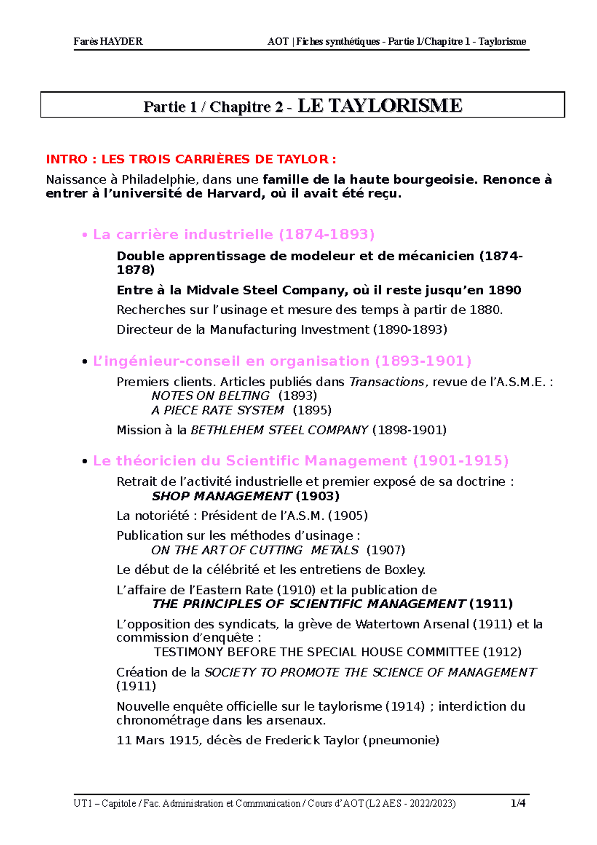 AOT Partie 1 Chapitre 2 - Taylorisme Support synthétique de cours ...