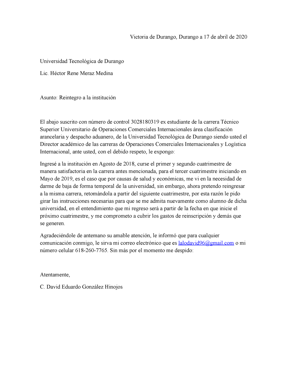 Solicitud De Reingreso Victoria De Durango Durango A 17 De Abril De