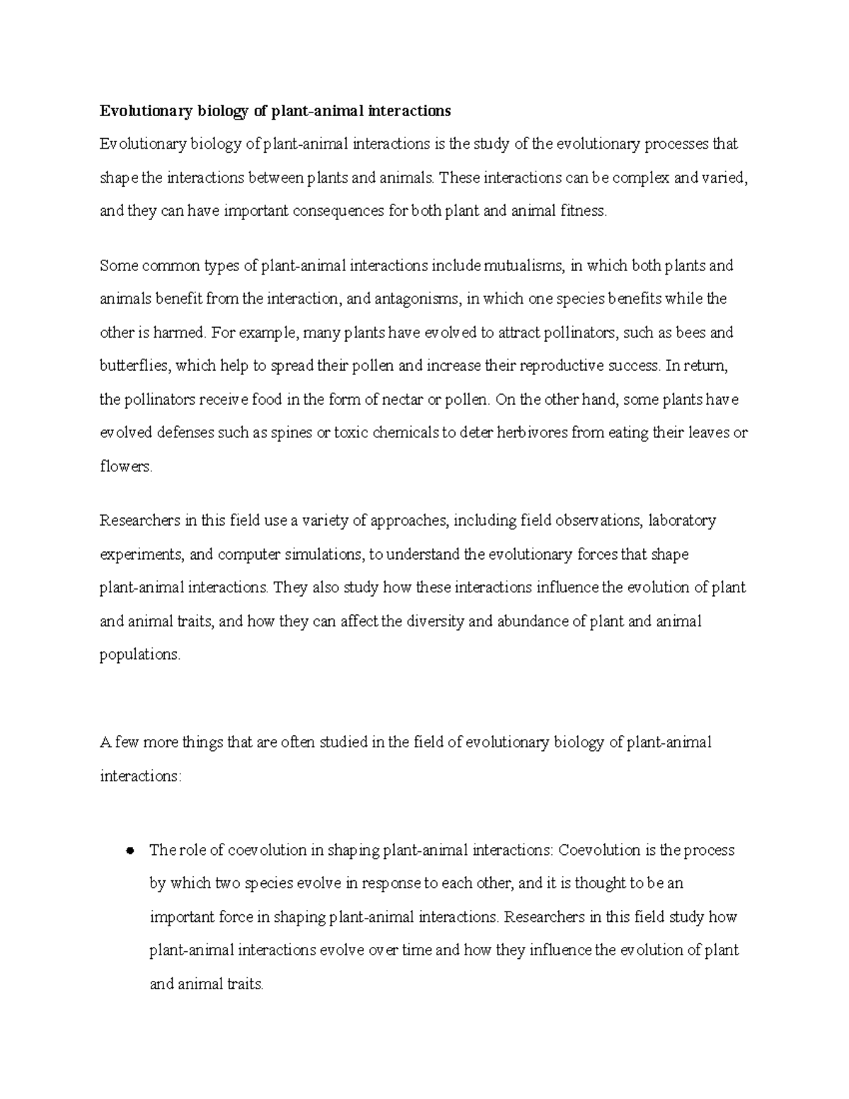 Biology(Evolutionary biology of plant-animal interactions,Evolutionary