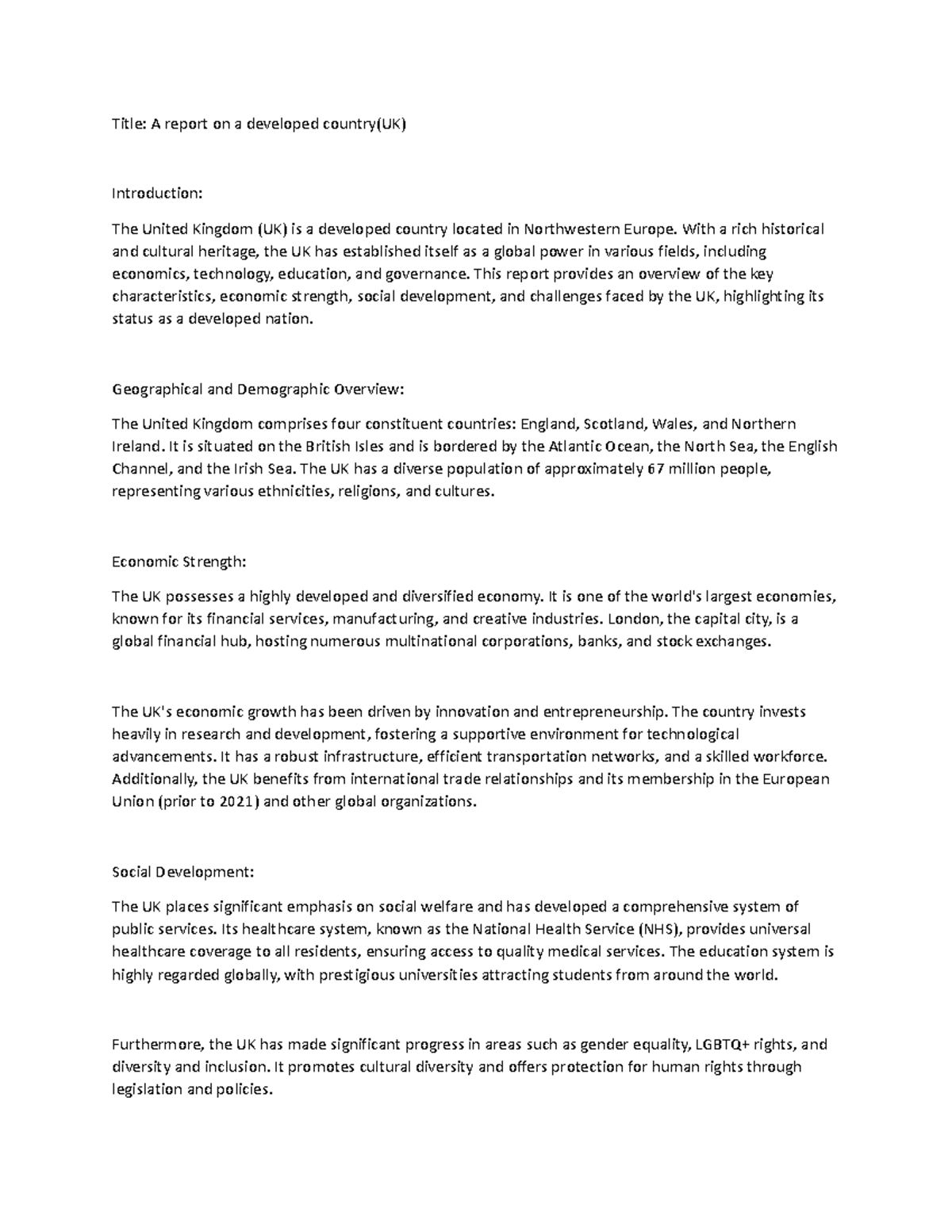 A report on a developed country Title A report on a developed