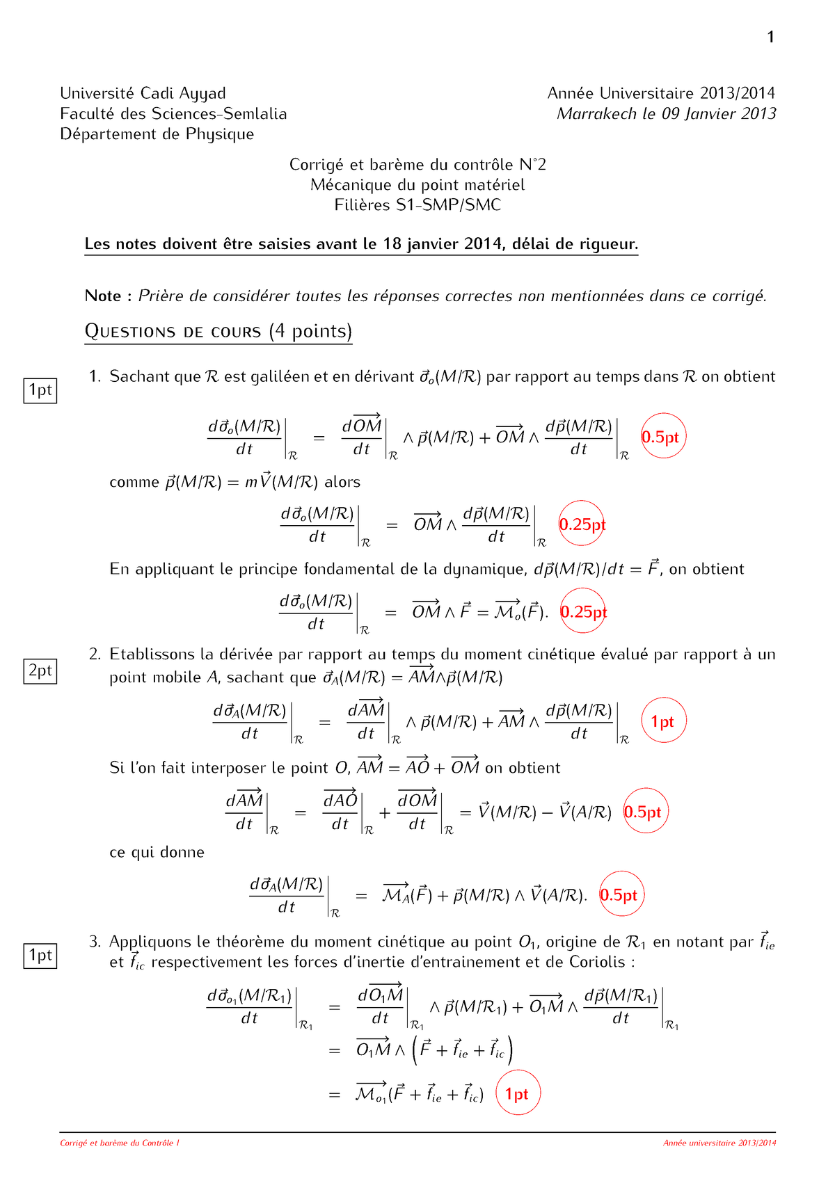 Corrigée De Contrôle 2 Mécanique Du Point Université Cadi Ayyad Année Universitaire 2013 6387