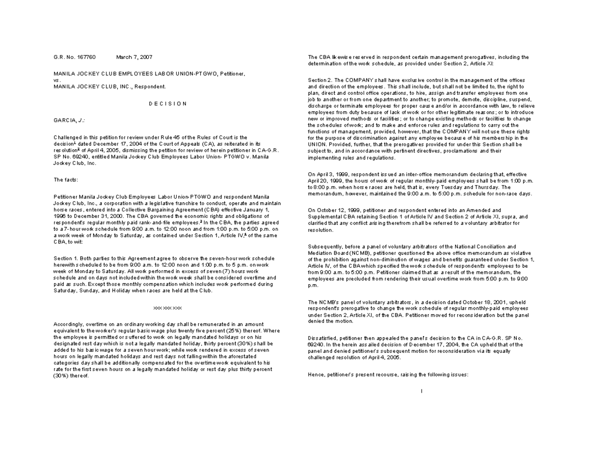 Labor Case (Full text) - G. No. 167760 March 7, 2007 MANILA JOCKEY CLUB ...