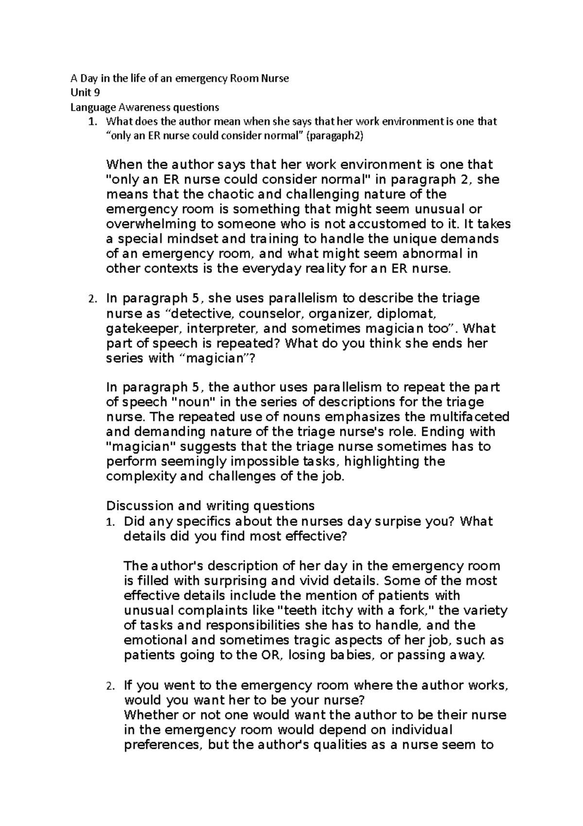 English essays and answers A Day in the life of an emergency Room Nurse Unit 9 Language