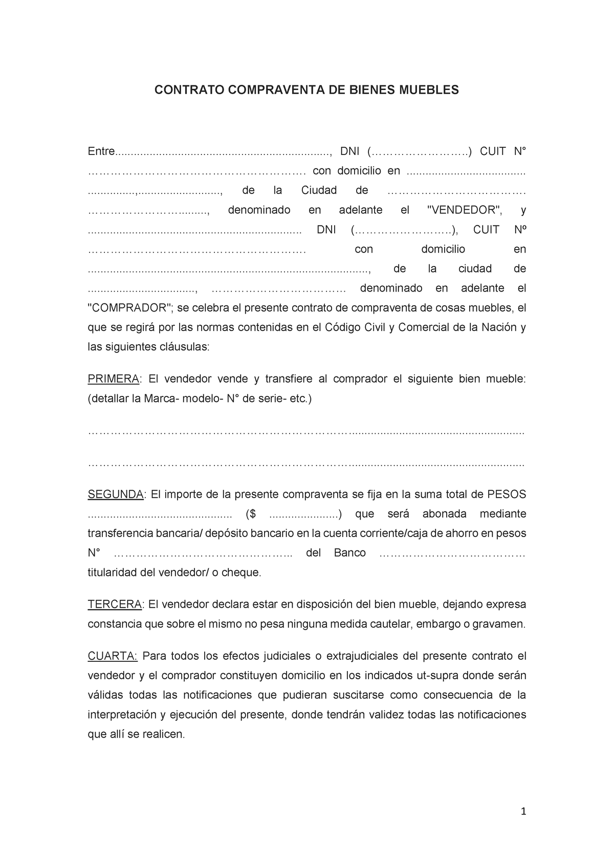 Modelo Contrato Compraventa COSA Mueble - 1 CONTRATO COMPRAVENTA DE BIENES  MUEBLES - Studocu