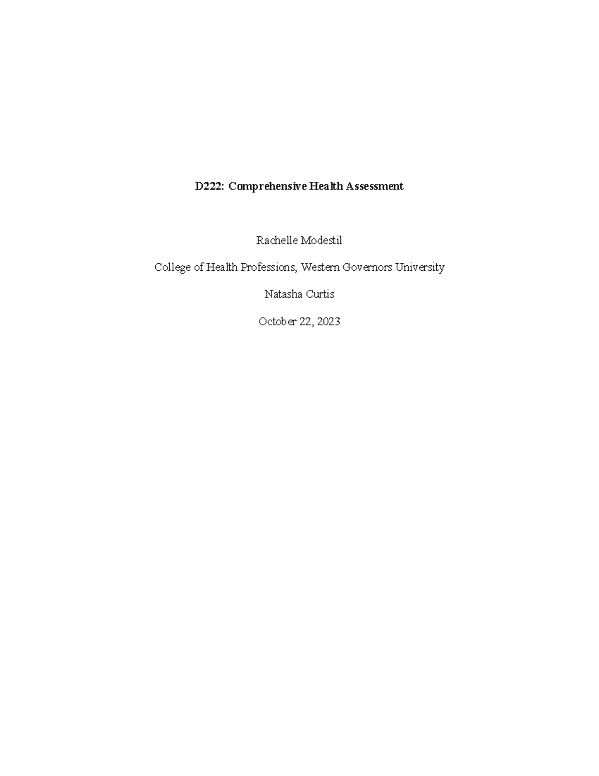 D222 Comprehensive Health Assessment Template - D222: Comprehensive ...