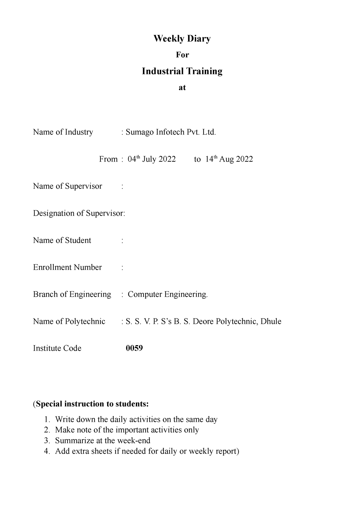 Weekly Diary For Industrial Training Weekly Diary For Industrial 